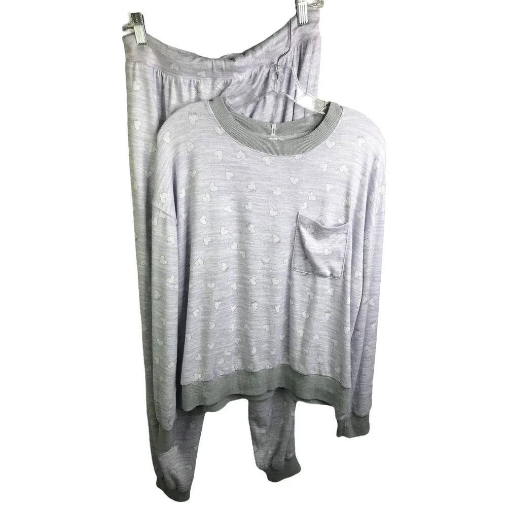 Splendid Womens M Pajama Set Gray‎ Heart Print Long Sleeve Jogger Lounge Sleep
